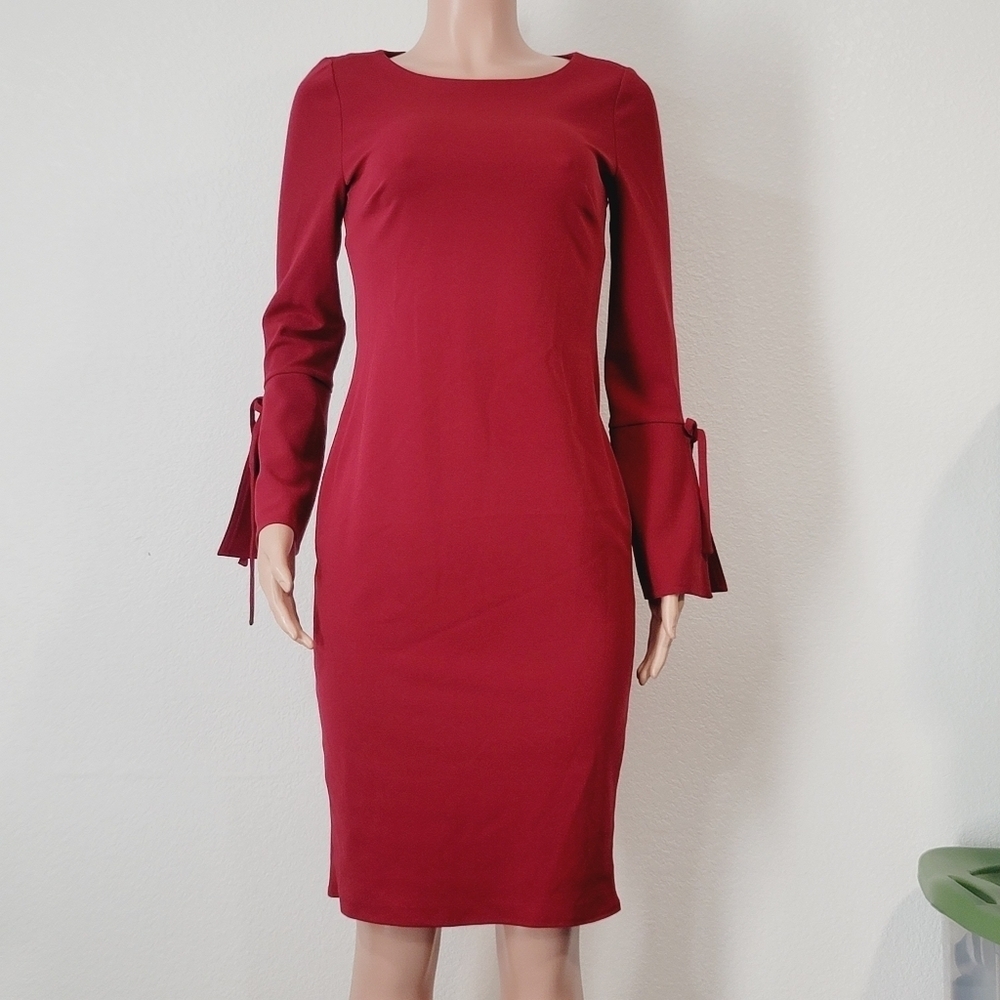 Calvin Klein Women's Long Bell Sleeve Red Holiday Office Party Dress